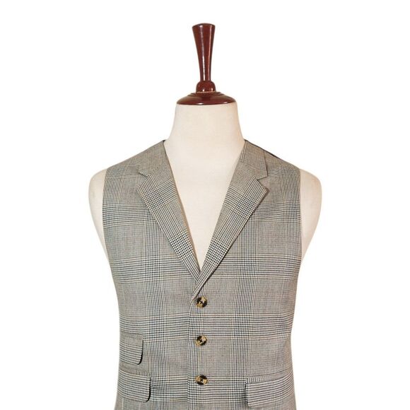 Mens 46R Wool Glen Plaid Vest Beige Green Waistcoat Formal Wedding Party Classic - Picture 3 of 8